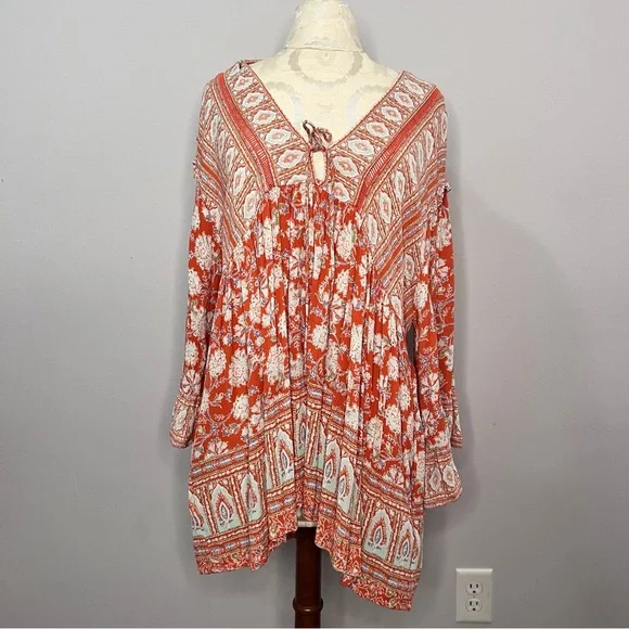 Free People Women Size Large Moonlight Dance Red Coral Orange Tunic - Picture 3 of 7